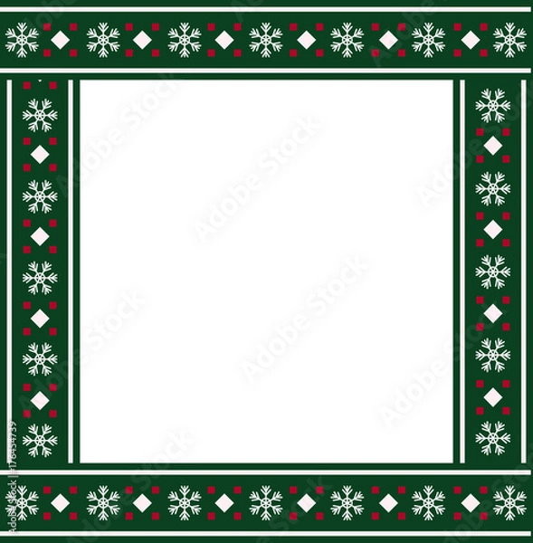 Fototapeta Cute Christmas frame with Christmas snow flakes pattern on green background. Vector illustration, template, border.