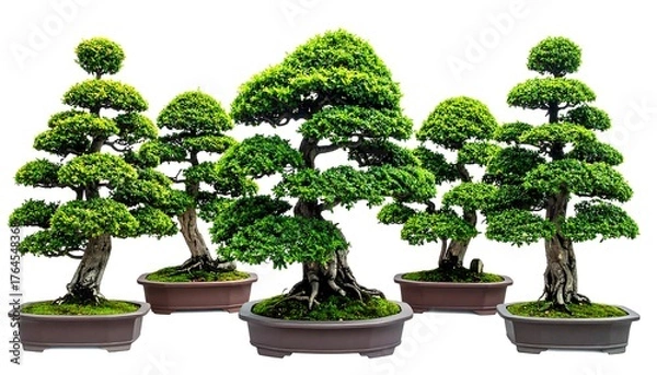 Fototapeta A collection of five bonsai trees in brown pots, against a white backdrop, showcasing manicured foliage