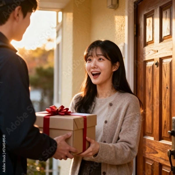Obraz 집앞에서깜짝선물받는젊은여성
