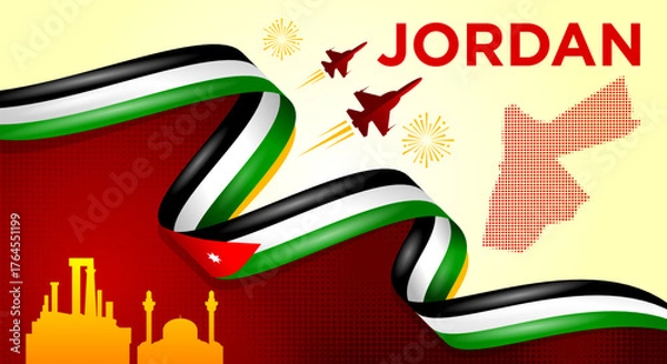 Obraz Jordan Independence Day Banner with Flag Ribbon and Landmarks