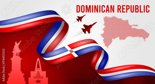 Obraz Dominican Republic Independence Day Banner with Flag Ribbon and Landmarks
