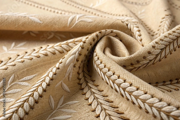 Obraz A swirl of warm beige fabric featuring delicate, handcrafted leaf and braid embroidery