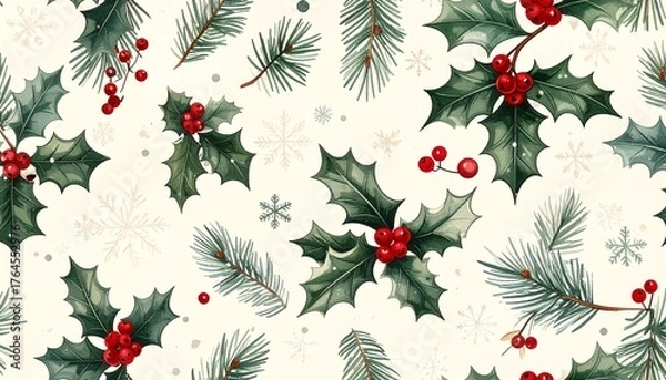 Fototapeta christmas seamless pattern with holly
