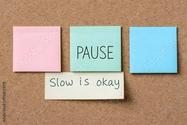 Fototapeta Sticky notes with messages arranged on corkboard background