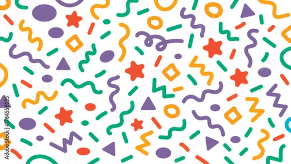 Fototapeta Abstract geometric confetti seamless pattern. Colourful confetti shapes for party celebration and festive events. modern background with playful shapes, circles, triangles, and curves. Vector 