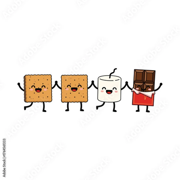 Fototapeta Cartoon Smores Ingredients Holding Hands - Graham Crackers, Marshmallow, and Chocolate Bar.