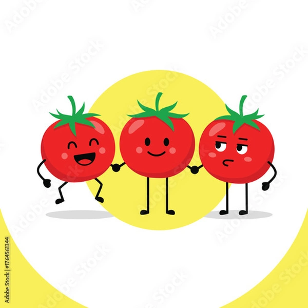 Fototapeta Three Cheerful Tomato Characters Holding Hands in a Group.