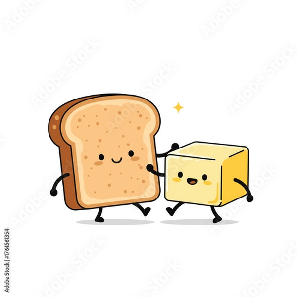 Fototapeta Adorable Cartoon Toast and Butter Friends Walking Together Happily.