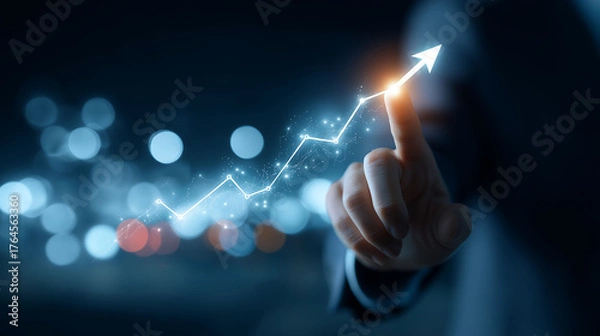 Obraz A businessman's hand touches a virtual financial graph with a rising arrow, set against a blue night-time background