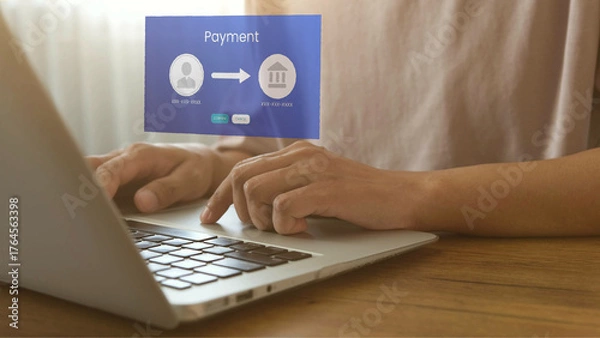 Fototapeta Online payment process with person using laptop, digital transaction interface, secure money transfer, and financial technology concept