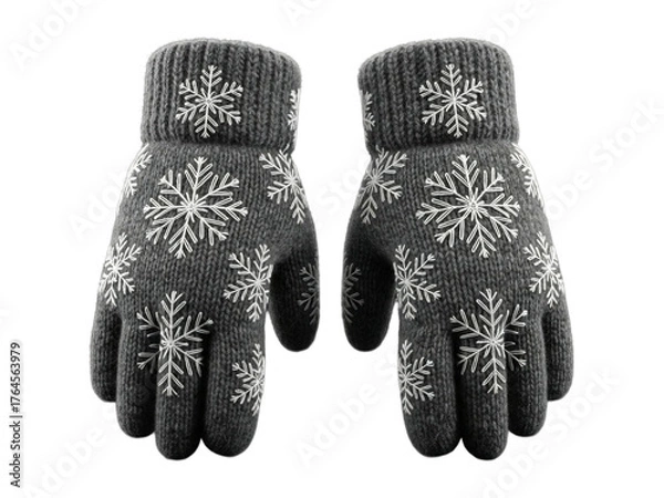 Fototapeta Gray knitted winter gloves with white snowflake pattern isolated on transparent background