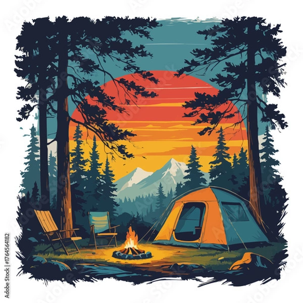 Obraz Retro style tshirt design illustration of a cool camping scene with a tent campfire chairs mountains and pine trees at sunset