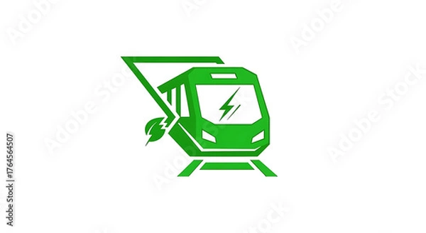Fototapeta Green electric train logo with leaf and lightning bolt on white background, front view ai generated