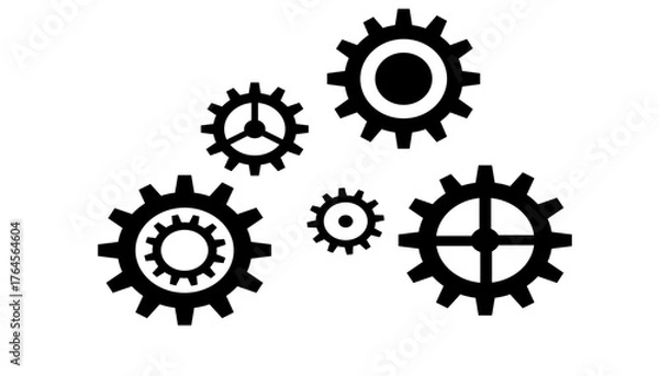 Obraz Minimalist gear network and circuit diagrams in black and white