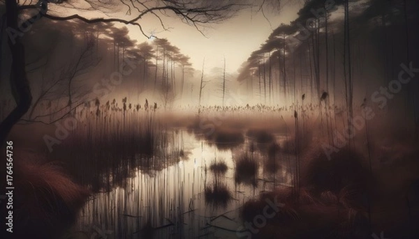 Fototapeta Misty wetland forest with reflections and reeds in warm brown tones