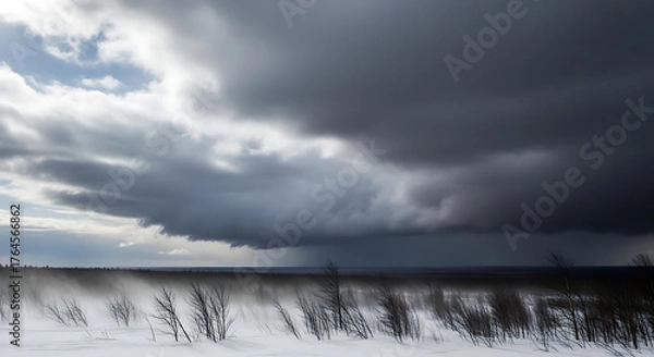 Fototapeta A winter landscape with snow covered ground and dark storm clouds looming above the barren trees ai generated