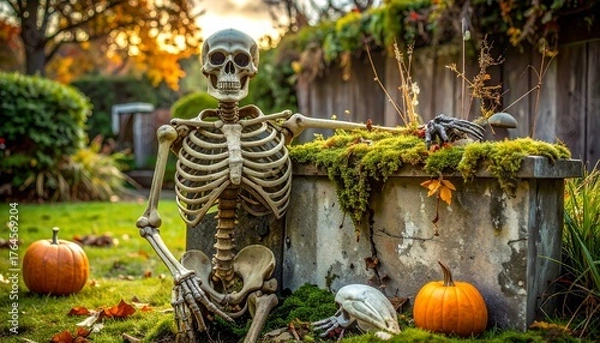 Fototapeta Human Skeleton Figure Next to Concrete Structure with Halloween Pumpkins and Fall Foliage in Backyard Garden