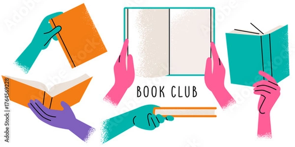 Fototapeta hands holding books isolated on a white background. concept of a book club, a community of book lovers, readers. bright clip art drawn in a flat style with texture . EPS 10