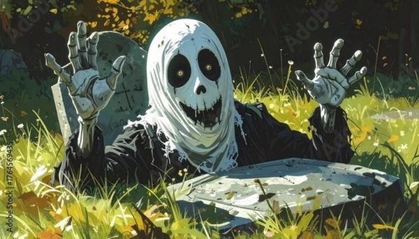 Fototapeta Pixelated Spooky Figure Emerging from Grave Surrounded by Autumn Leaves Digital Art