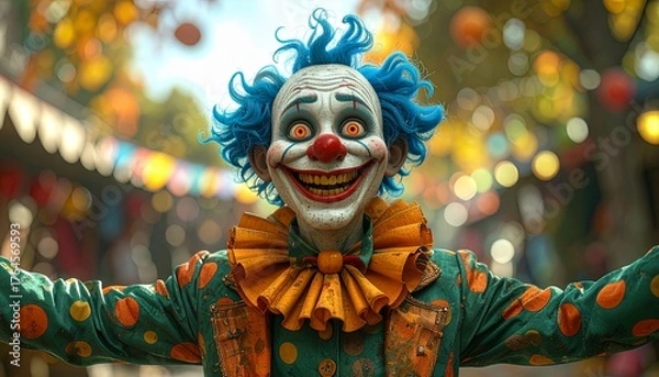 Fototapeta Terrifying Clown with Blue Hair and Orange Ruffled Collar Against Blurry Festive Autumnal Background