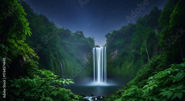 Fototapeta Waterfall cascading into a pool surrounded by lush greenery under a starry night sky view image ai generated