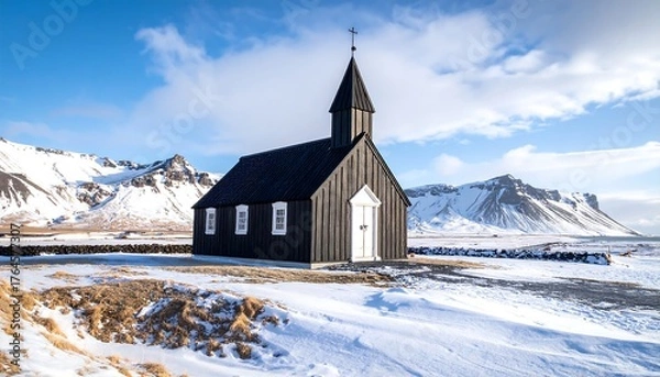 Fototapeta A dark, wooden church stands in a snowy landscape with mountains against a blue sky with fluffy clouds