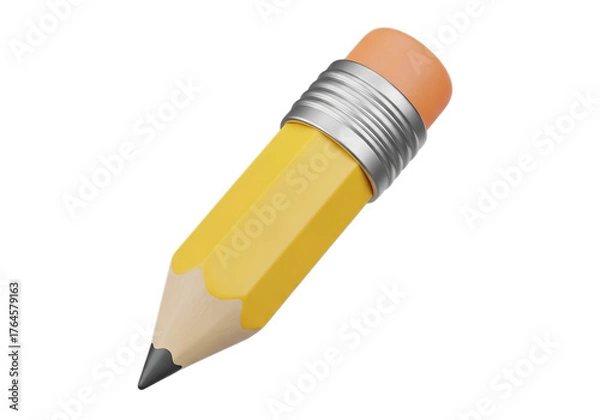 Fototapeta A single yellow pencil with pink eraser and silver ferrule isolated on a for writing and drawing