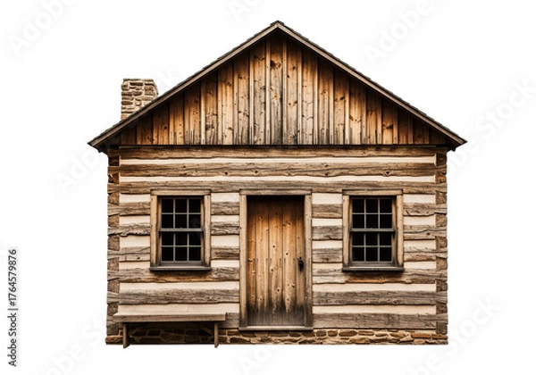 Fototapeta Authentic rustic log cabin with chimney and windows serene countryside dwelling ambiance