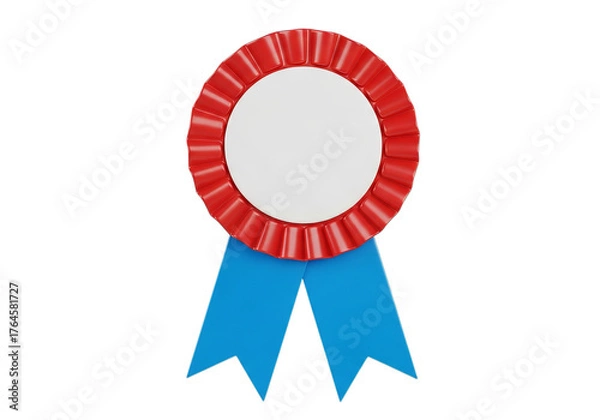 Fototapeta Award ribbon rosette with red edges and blue tails for recognition and achievement recognition