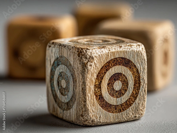 Fototapeta Collection of wooden dice with bullseye design on one face, scattered on a textured surface Soft, diffused lighting - AI-Generated