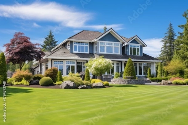 Obraz Luxury house with perfectly manicured lawn and garden on a sunny day