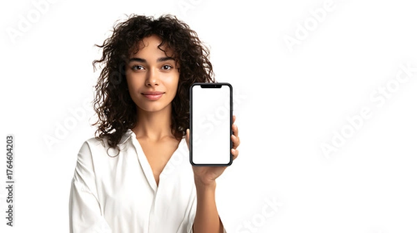 Obraz Woman holding smartphone showing blank screen, isolated on a white background