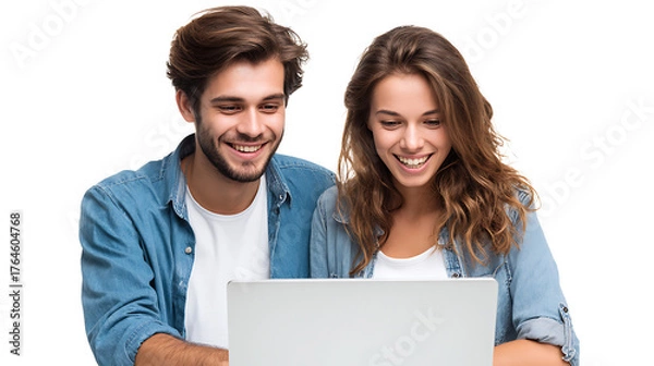 Fototapeta cheerful young couple shopping online with credit card and laptop isolated on white background