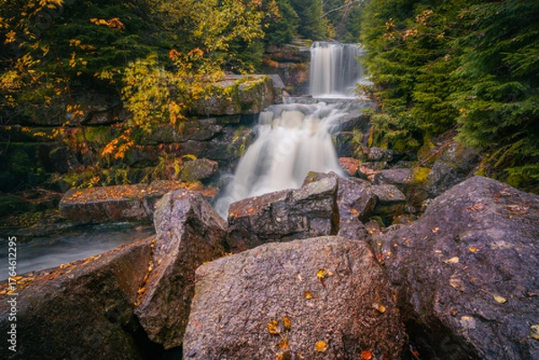 Fototapeta Fantasy and dark autumn forest with the best mystic atmosphere in the north of Bohemia, in Jizera mountains. like a fairy tale with pure water rivers and magic waterfalls.