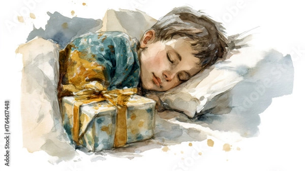 Fototapeta プレゼントの置かれたベッドで眠る子供