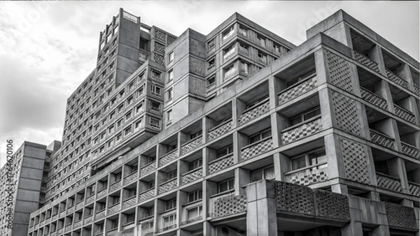 Obraz Brutalist architecture featuring a concrete building with geometric facade. Showcasing urban design and architectural style.