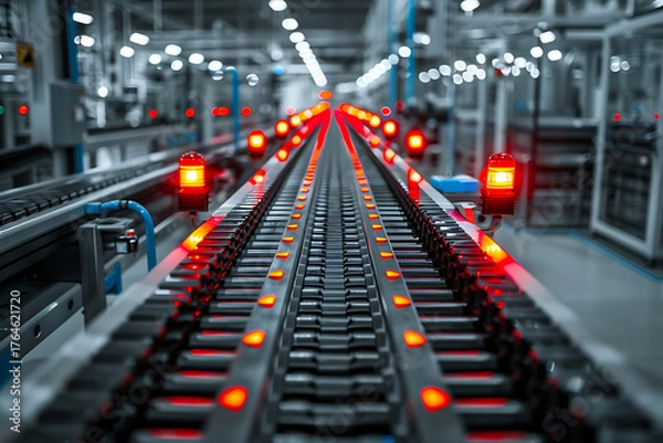 Fototapeta 赤い警告ランプが点灯した近代的な工場の自動搬送ラインと機械設備