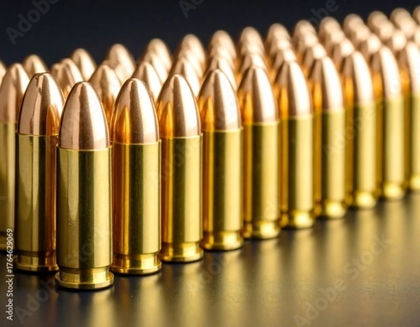 Fototapeta Row of golden handgun bullets