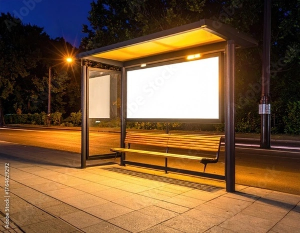 Obraz Evening shot of a bus shelter with illuminated display boards and a wooden bench