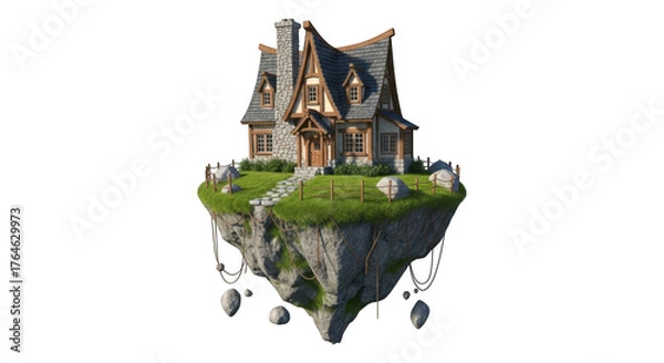 Obraz Fantasy Island House on Floating Rock with Greenery Against Isolated Background