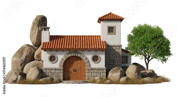 Obraz Stone House with Orange Roof and Green Tree Against Isolated Backdrop