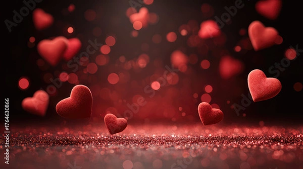 Obraz 3D Floating Red Hearts in Soft Bokeh Background for Romantic Themes and Celebrations