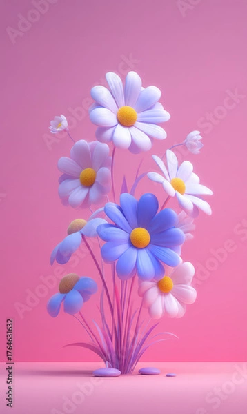 Obraz Bright Cartoon Flowers in Delightful Colors Against a Soft Pink Background for Creative Use