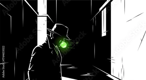 Obraz Stylized, high-contrast illustration of a mysterious figure in a trench coat and hat, side profile in a dark alley with a glowing green bubble breaking apart from his mouth.