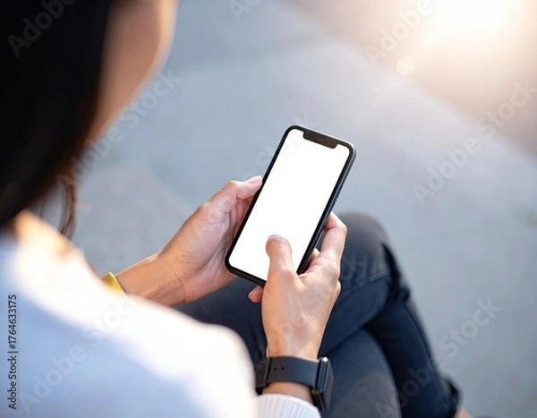 Fototapeta Woman's hands holding a sleek smartphone with a blank screen, shot from the shoulders up