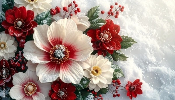 Obraz クリムゾンとアイボリーの花びらが織りなす静かな冬の朝のフラットレイ

深紅と森の緑に霜がきらめくウィンターフローラルテクスチャ　雪の結晶が光を受けるエレガントな冬の花背景
柔らかな自然光が包む上品な冬のフローラルデザインスペース