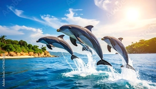 Fototapeta Dolphins leaping in turquoise ocean