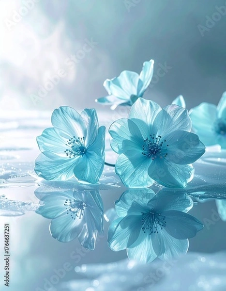 Obraz ブルーとティールのクリスタルフラワーが、氷の鏡面の上でオーロラの光を浴びて静かに輝きます。
淡い緑と青の光が花弁を照らし、繊細な反射が幻想的な空気を生み出します。
夜明け前の静寂と透明感が漂うシーン。
ブランド広告や冬のラグジュアリーデザインに最適な背景素材です。
