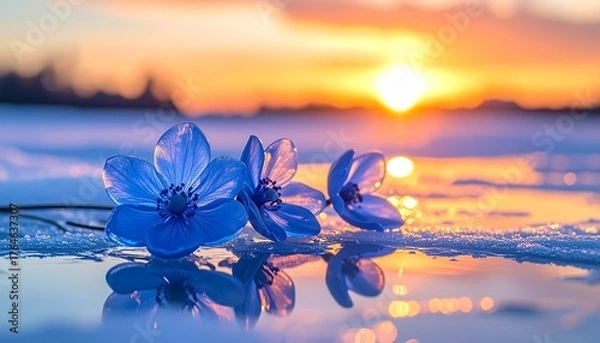 Obraz 透明と淡いブルーのガラスの花が、凍った鏡面の上に並び静かに光を放ちます。
氷面には花の姿が完璧に映り込み、冷たい自然光が幻想的な輝きを添えます。
背景には淡い霧と光の粒が漂い、静寂と透明感を演出。ブランド広告や高級感あるデザイン背景として最適です。