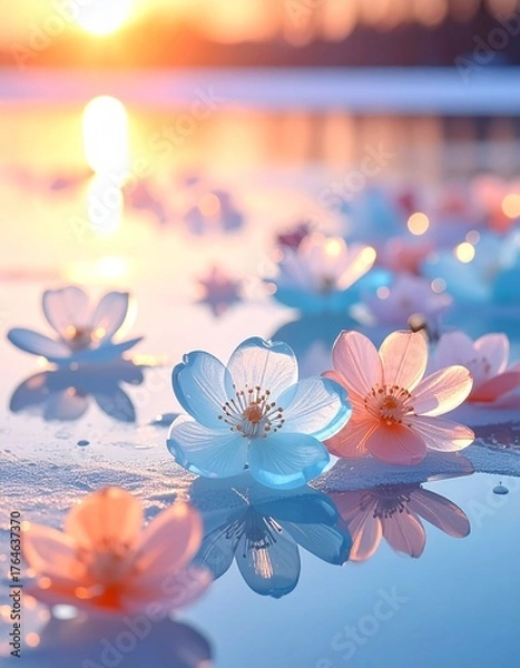 Obraz G透明なクリスタルの花びらが氷の鏡面上に散り、空と氷の間に浮かぶように見える構図。
柔らかな白い光と繊細な霜のアクセントが、純粋で上質な印象を演出します。
無限に続く反射が静けさと深みを生み出すラグジュアリーなイメージ。
ブランド広告や冬の高級デザイン背景に最適なフォトリアル素材です。